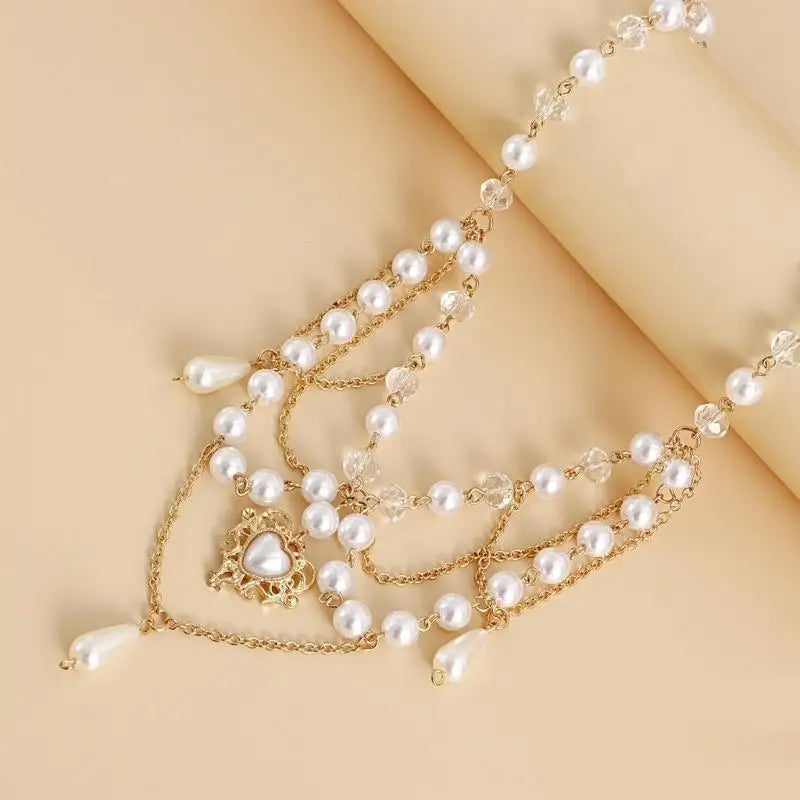 31BB Tassel Necklace Elegant Layered Necklace Pearl Beaded Necklace Clavicle Chain