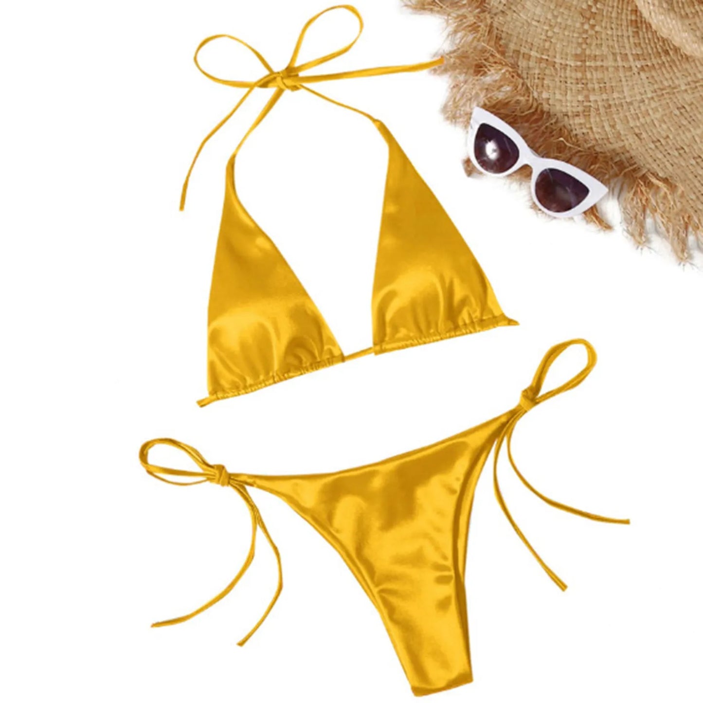 Brazilian Bikini Set Women Halter Neck Triangle Cup Swimwear Low Waist Satin Bandage Bikini Swimwear Summer Beach Bathing Suit