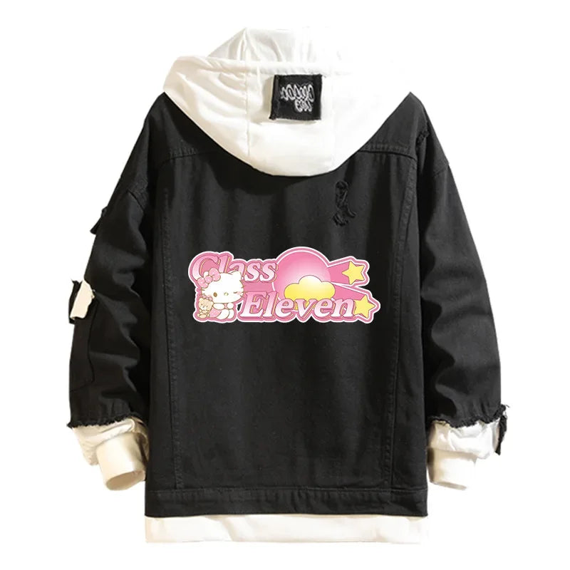 Anime Sanrio Denim Bomber Jacket Hello Kitty Hooded Jeans Sweatshirt Unisex Ripped Hole Cosplay Hoodie Long-Sleeved Denim Jacket