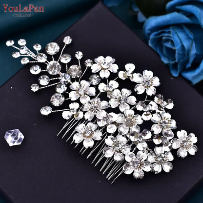 YouLaPan Crystal Leaves Hair Comb Bridal Wedding Hair Accessories Handmade Fashion Woman Rhinestone Flower Headwear HP621