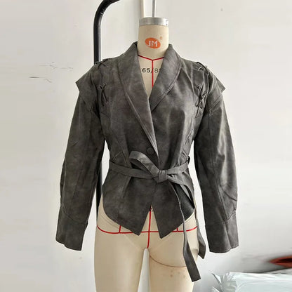 Street Solid Color Lace Up Leather Jacket Woman Waist Cinching Long Sleeves Lapel Coat Casual Versatile Women's New Chic Jackets