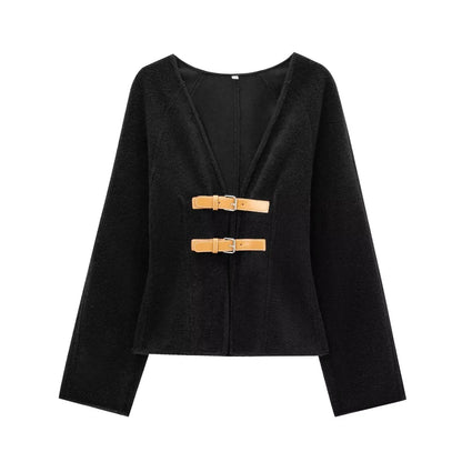 HH 2024Female Autumn Fashion Casual Coats Long Sleeves Belt Decoration Cardigan Solid V-Neck Slim 2-Colors Elegant Retro Top