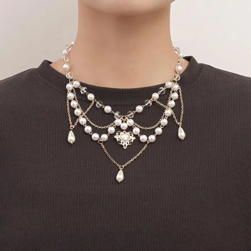 31BB Tassel Necklace Elegant Layered Necklace Pearl Beaded Necklace Clavicle Chain