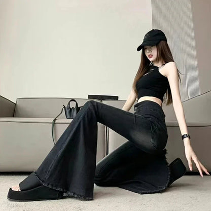 Lucyever Aesthetic Hot Skinny Flare Jeans Women Vintage Slim Fit High Waist Denim Pants Woman Y2K Streetwear Wide Leg Trousers