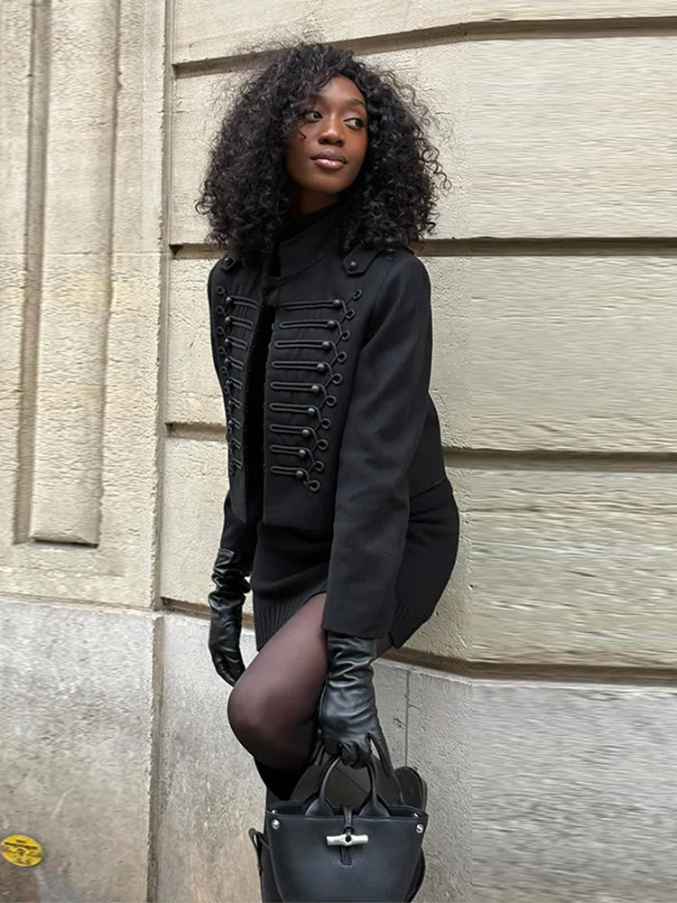 2026 Spring New Women's Jackets Fashion Napoleon Style Single-breasted Long Sleeve Coat Female Black Slim Fit Crop Lady Coats