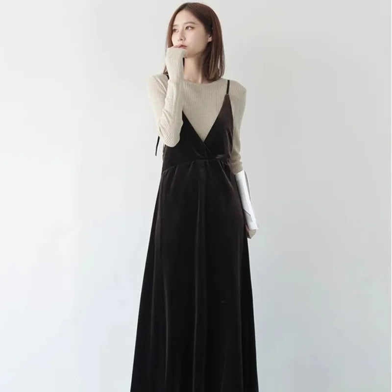 Suspended Velvet Dress For Women 2023 Autumn/Winter New Design Sense Large V-Neck Elegant And Unique Slim Fit Mid Length Small B