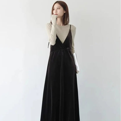 Suspended Velvet Dress For Women 2023 Autumn/Winter New Design Sense Large V-Neck Elegant And Unique Slim Fit Mid Length Small B