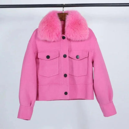 Wool Women Fur Coat New Autumn Winter Real Fox Fur Collar 10% Cashmere 90% Wool Fur Jacket Short Casual Loose Wool Coat