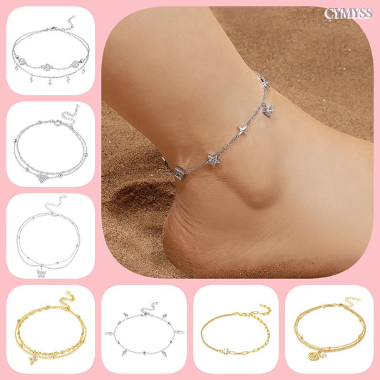 Original Anklets for Women 925 Sterling Silver Exquisite 2 Layer Zircon Chain Anklet Gold Color Ideal Summer Beach Jewelry Gift