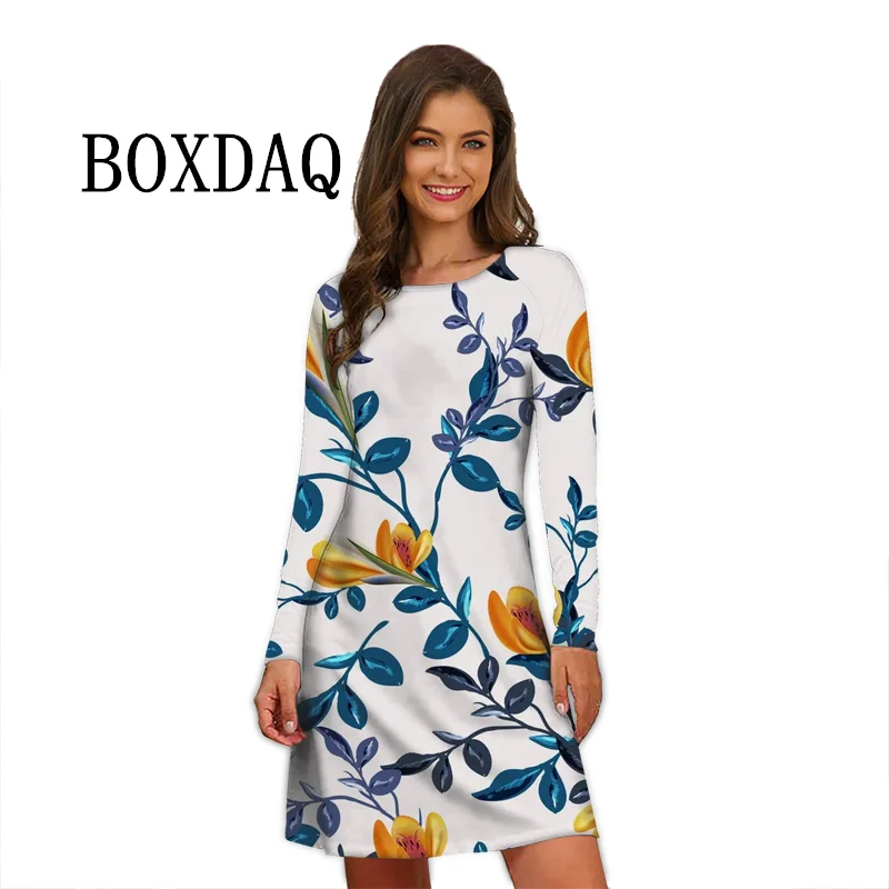 Flower Power Women Dress Retro Hippie 60s Elegant Long Sleeve Loose Dress Casual Fashion Oversized Autumn Woman Print Mini Dress