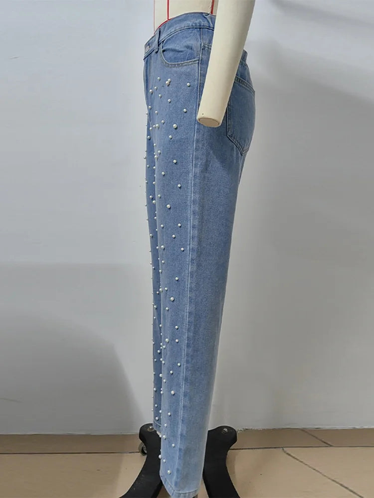 Trendy Women's High Waist Straight Leg Denim Jeans Pant With Chic Studded Beads Design Female Trendy Casual Streetwear Trousers
