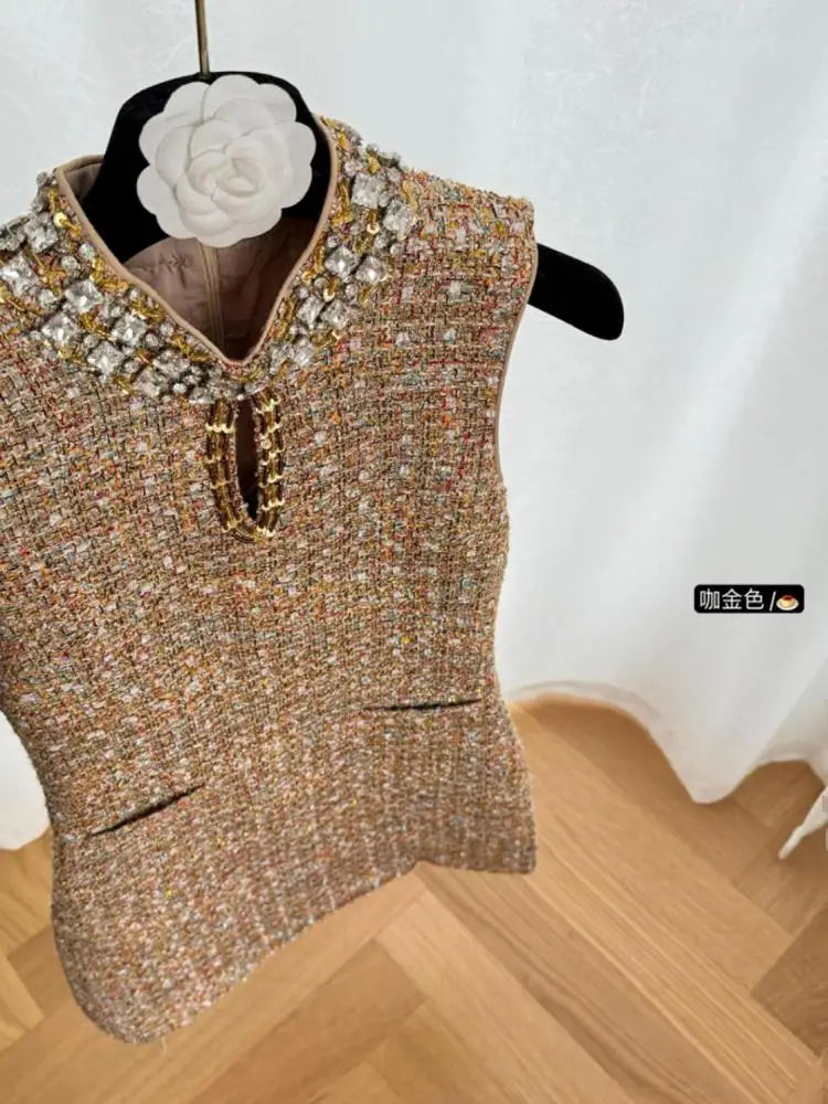 Retro 2024 Autumn Winter New Brown Diamond Woolen Sleeveless Mini Dress Women Round Neck Elegant Short Tweed Dress Popular Trend