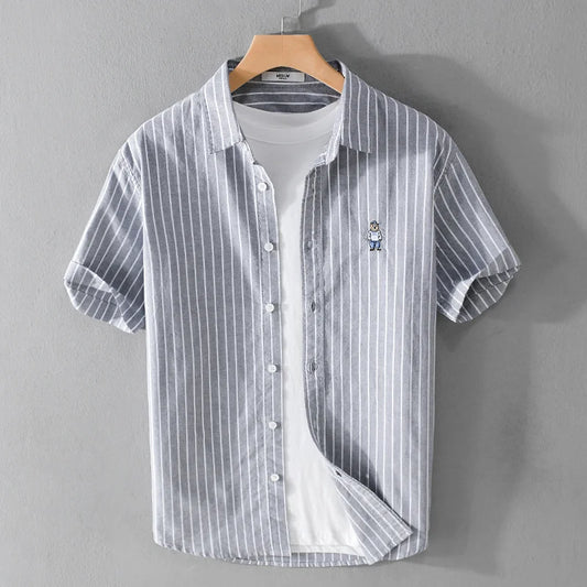Summer Business Casual Men's Striped Short Sleeve Shirt Fashion Bear Embroidered Loose Trend Male Simple Versatile Tops Shirt