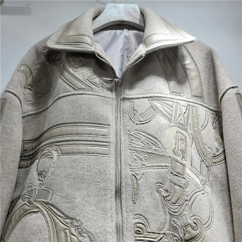 HKSH Autumn Winter New Women Short Woolen Jacket Heavy Embroidery Patchwork Contrast Color Zipper Streetwear Trendy Coat HK12891