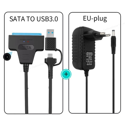SATA To USB 3.0/Type-C Cable SATA III Hard Drive Adapter Up To 6 Gbps for 2.5 3.5 Inch HDD SSD Hard Drive Disk with 12V/2A Power