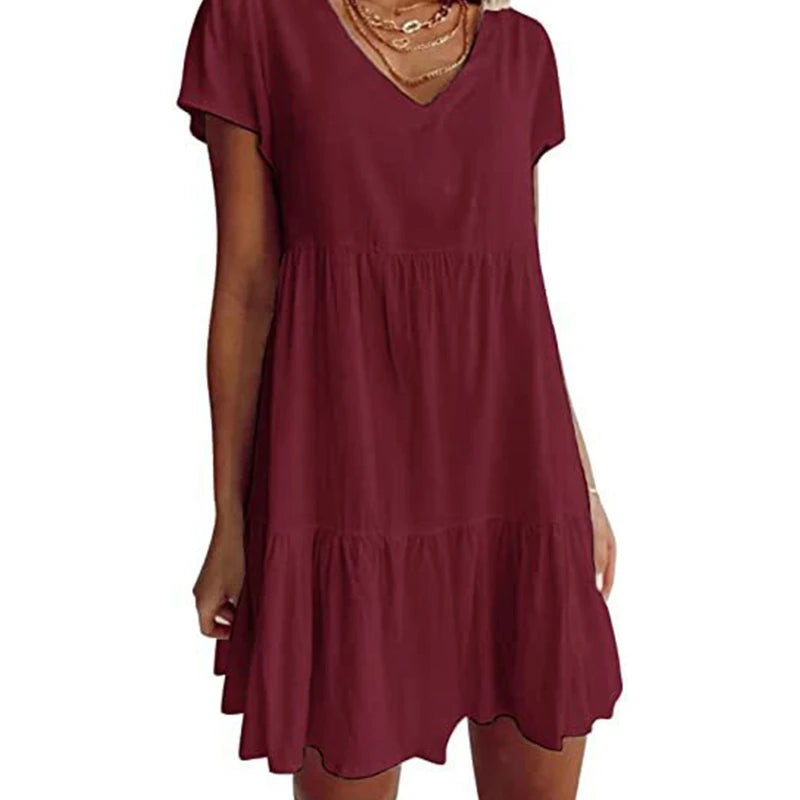 Women Short Sleeve Sexy V-Neck Swing Tunic Mini Dress Solid Color Pleated Ruffle Flowy Hem A-Line Casual Loose  Dropship