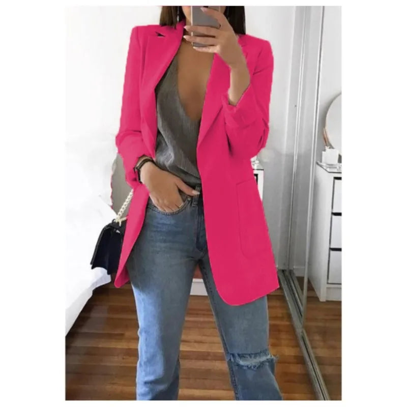 Autumn And Winter Women's Fashion Solid Color Polo Neck Slim Fit Coat Elegant Women's Long Sleeve Pocket Casual Suit Coat S-3XL