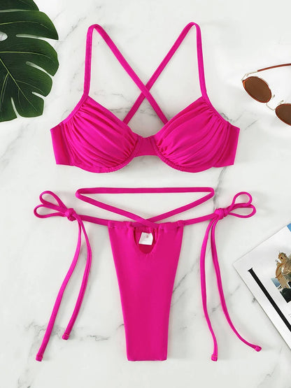 Miyouj Bandage Swimsuit 2024 Sexy Swimwear Women Solid Color Bikini Sets String Swimsuits Brazilian Beachwear Push Up Biquinis