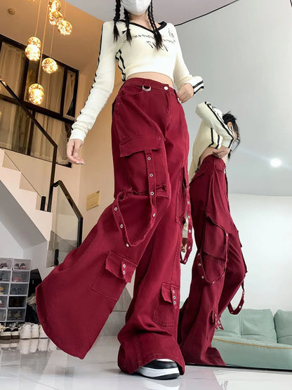 Retro Red Y2k Streetwear Cargo Jeans Women Harajuku 2000s Aesthetic Denim Trousers Fashion Casual Wide Leg Pants Pantalones