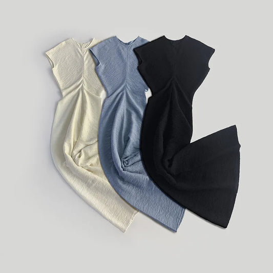 Women's Minimalist Mid-Calf Dress Round Neck Summer Ladies Zipper Draping Pleated Elegant Robe