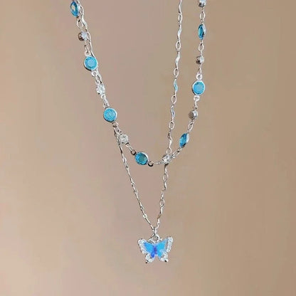 Collier ras-de-cou papillon romantique en cristal bleu LATS pour femmes et filles, simple et brillant, en zircon bicouche, chaîne clavicule, bijou raffiné.