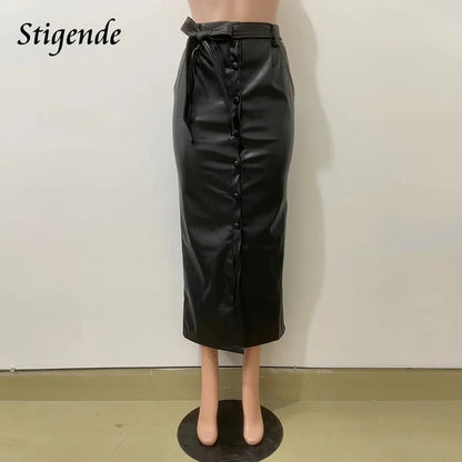Stigende Single Breasted Pu Leather Long Skirt Women Bandage Button Bodycon Black Faux Leather Maxi Skirt