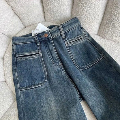 Korean Design Velvet Lined Straight Jeans Women Casual Vintage High Waist Wide Leg Denim Pants Winter Warm Snow Wear Vaqueros