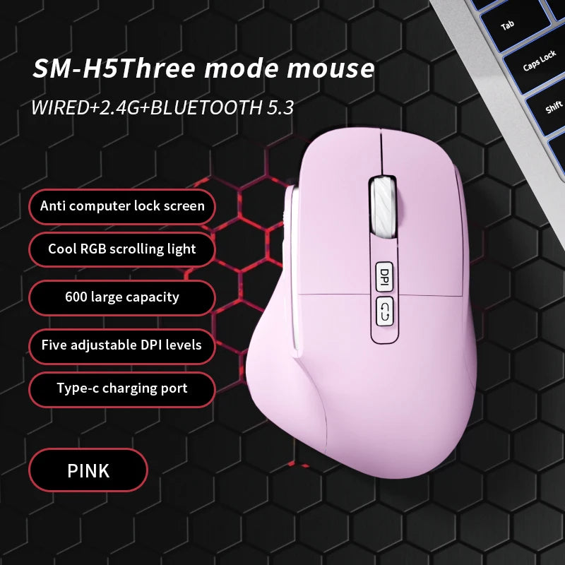 Lenovo 3 Mode Wireless Mouse Bluetooth 5.3+2.4G+Wired Ergonomic RGB Gaming Mouse with Macro Keys Rechargeable for Office Gaming
