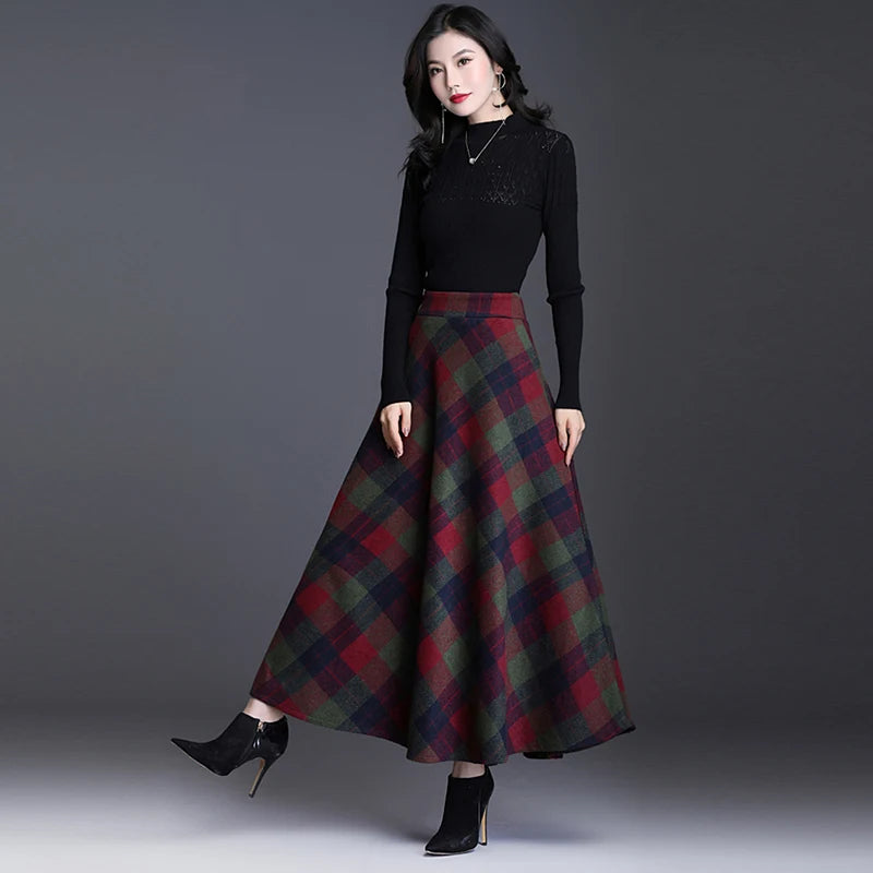 Plus Size 3XL Women Plaid Skirt Thick Warm Elegant Tall Waist Long Skirt 2021 Winter Casual Woolen Long Plaid Skirt Female Skirt
