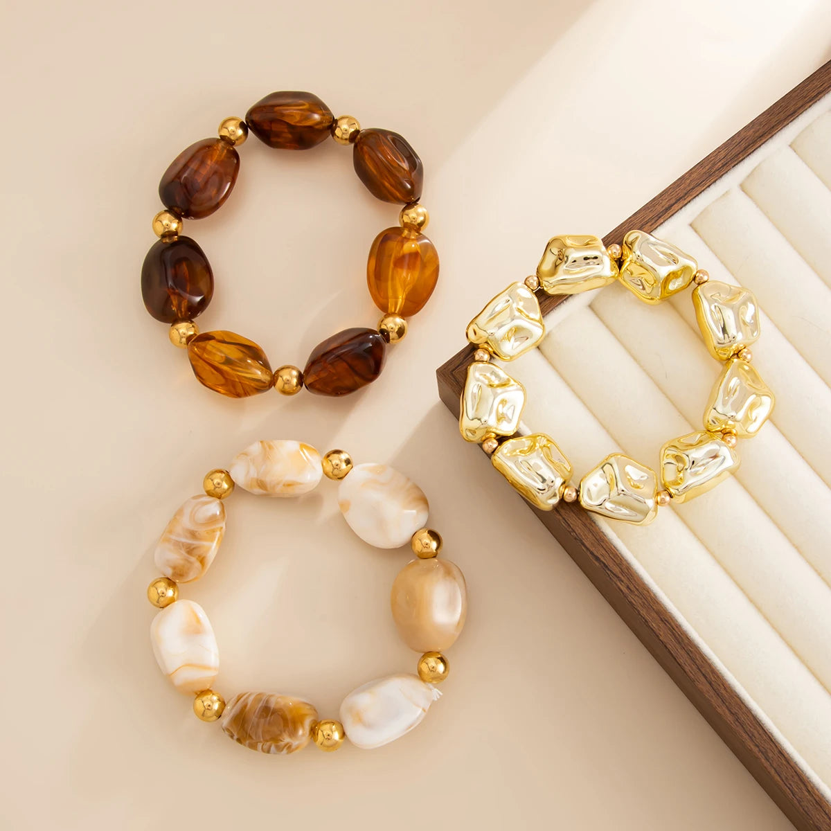 SHIXIN 3Pcs/Set Vintage Resin Acrylic Beaded Bracelets for Women Trendy Irregular Stackable Elastic Bangle Party Jewelry Gift
