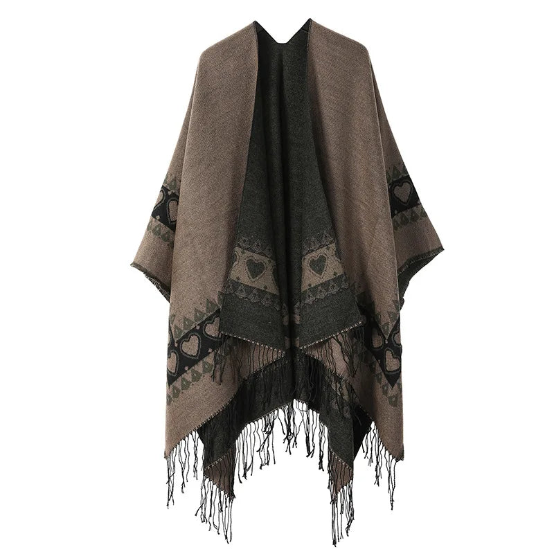 Poncho New Split Warm Shawl Vintage Ethnic Style Scarf Imitation Cashmere Tassel Women Cape Lady Cloak Warm Coat Khaki