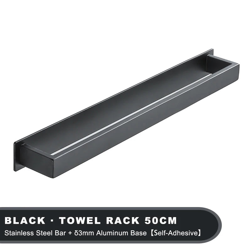 Black Stainless Steel Towel Holder No Drill Wall Shower Towel Shelf Kitchen Towel Hanger Rail Bathroom Towel Rack Self Adhesive