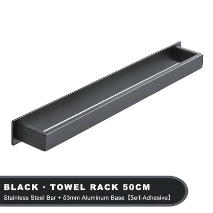 Black Stainless Steel Towel Holder No Drill Wall Shower Towel Shelf Kitchen Towel Hanger Rail Bathroom Towel Rack Self Adhesive