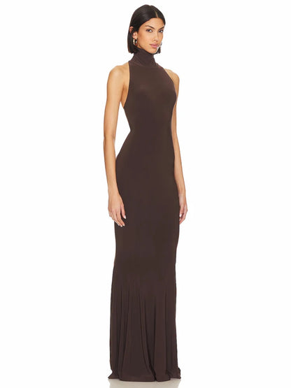 Sexy Halter Neck Backless Slim Maxi Dress Women Browns Sleeveless Halter Neck Bodycon Long Dresses Elegant Evening Party Gowns
