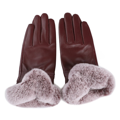 BOONJOVIA Elegant Women's Winter Warm Genuine Leather Gloves With Rex Rabbit Fur Trim Cuffs Velvet Lined