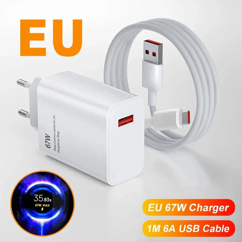 Xiaomi 67W Charger Original Fast Charging Cargador USB Cable EU/US Wall Adapter Mi 14 13 12 Redmi Note 13 12 Pro Turbo Poco F5