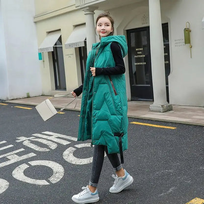 2025 Oversized Cotton Vests Sleeveless Coat Women Autumn Winter Hooded Waistcoat Puffer Parkas Long Warm Down Cotton Outwear