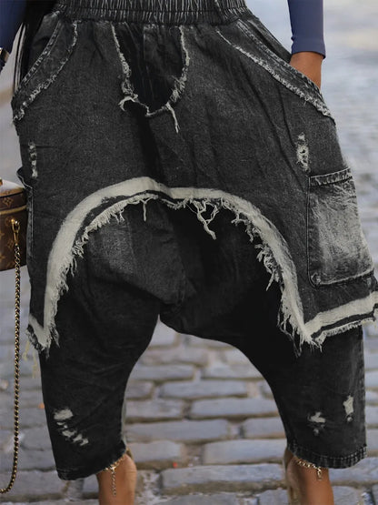 Jeans Women Harem Pants Hole Elastic Waist Tassels Washed Distressed Pockets Streetwear 2025 Ripped Ankle Length Trousers