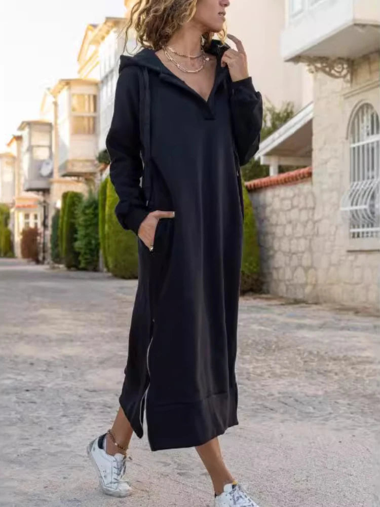 Autumn and Winter Fashion New Women's Warm and Loose Hoodie Dress Commuting Style Casual Hooded V-neck Slit Hoodie Long Skirt