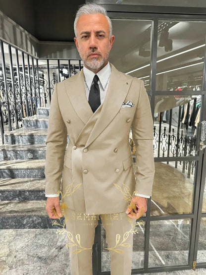 Black Men's Suit 2 Piece Double Breasted Jacket Pants Formal Wedding Groom Tuxedo Peaked Lapel Blazer Customized Men's Suit