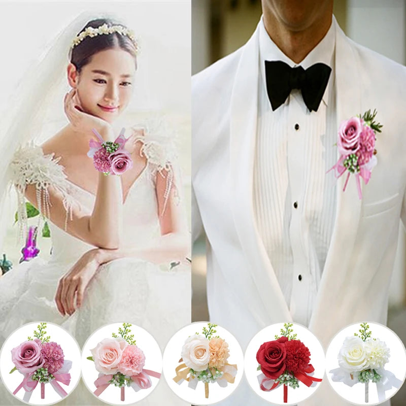 Girls Bridesmaid Wrist Flowers Groom Boutonnier Suit Corsage Pins Artificial Silk Rose Fabric Hand Flowers Wedding Accessories