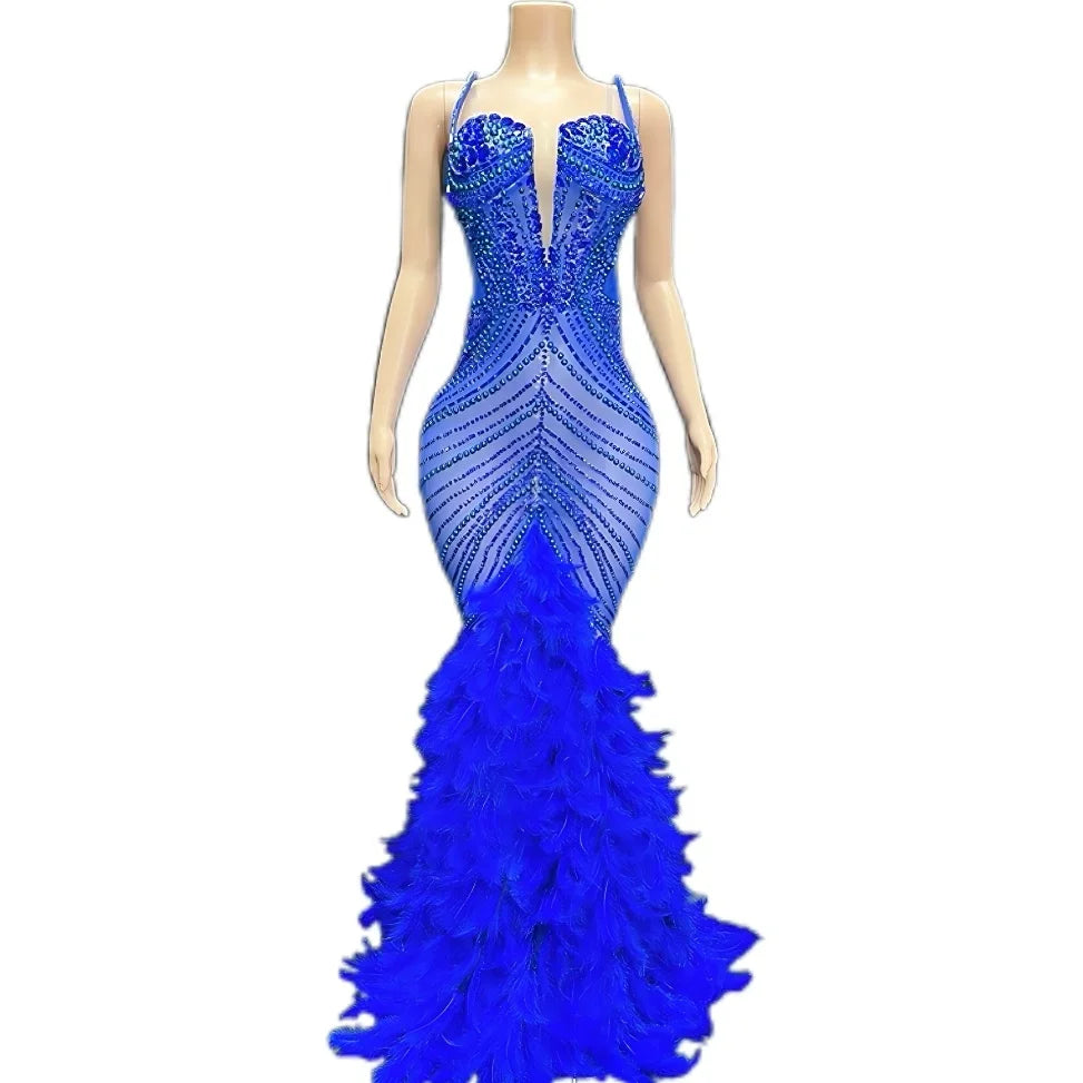 Luxury Pearls Grand Feather Sexy Floor-Length Dress Evening Party Performance Costume Bar Nightclub Singer Dancer Stage Wea