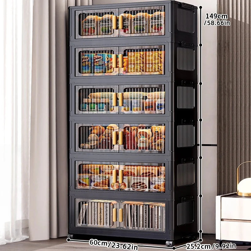 Foldable Clear Double-Door Storage Cabinet Large Space-Saving Mobile Organizer Dustproof Moisture-Proof for Kitchen Living Room