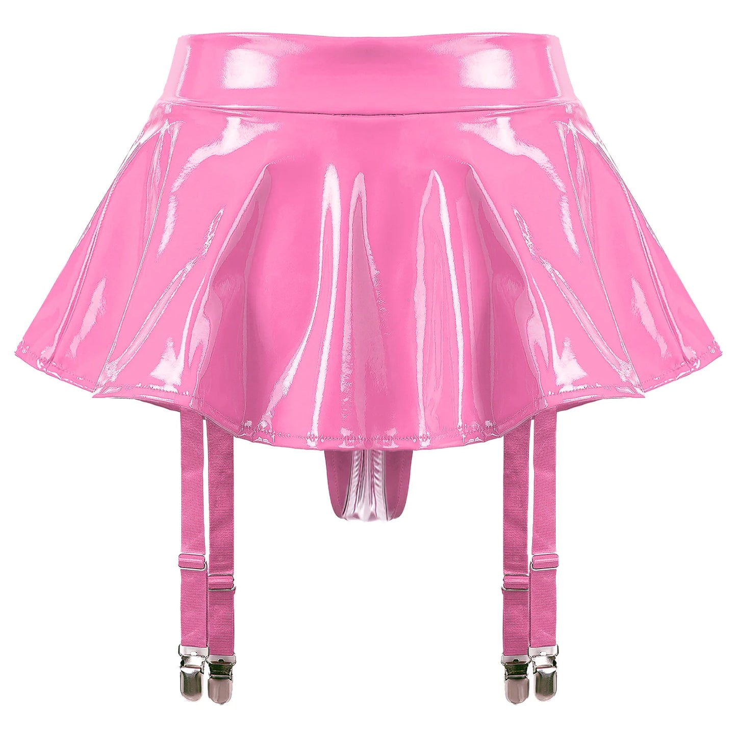 Womens Glossy Patent Leather Ruffle Mini Skirt Built-in Thongs Garter Belts Metal Clips Shorts Miniskirt Pole Dance Clubwear