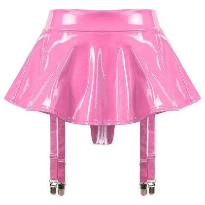 Womens Glossy Patent Leather Ruffle Mini Skirt Built-in Thongs Garter Belts Metal Clips Shorts Miniskirt Pole Dance Clubwear