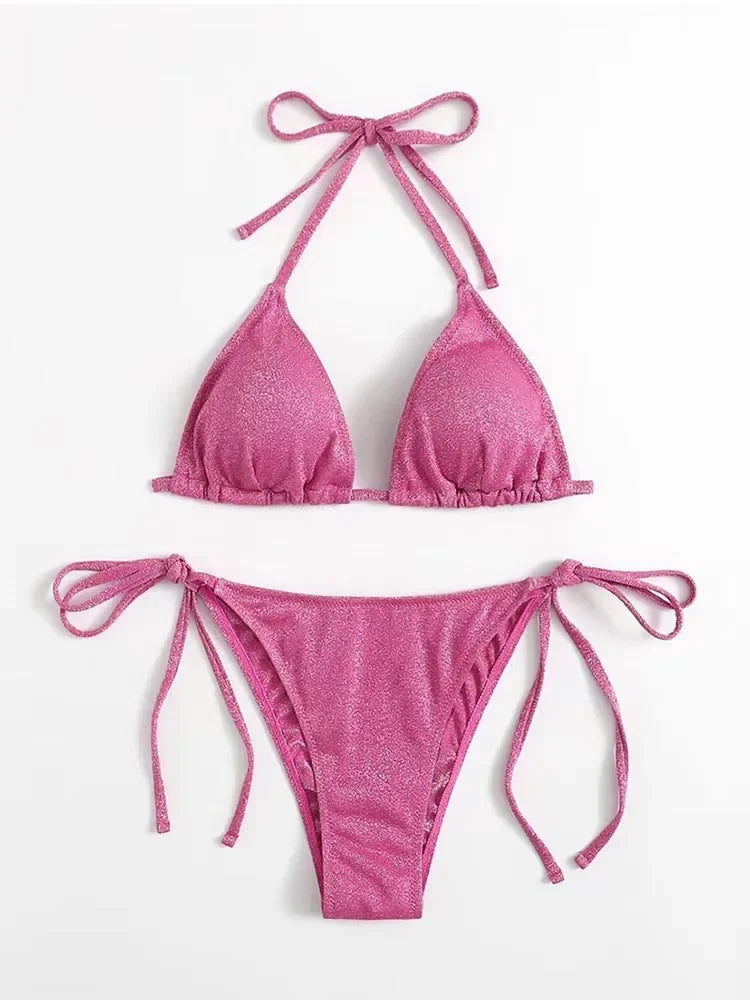 2025Sexy Bikini Set Shiny Triangle Bikinis Bandage Swimsuit Women Two Piece Swimwear Summer Biquini New Beachwear Push Up Bikini