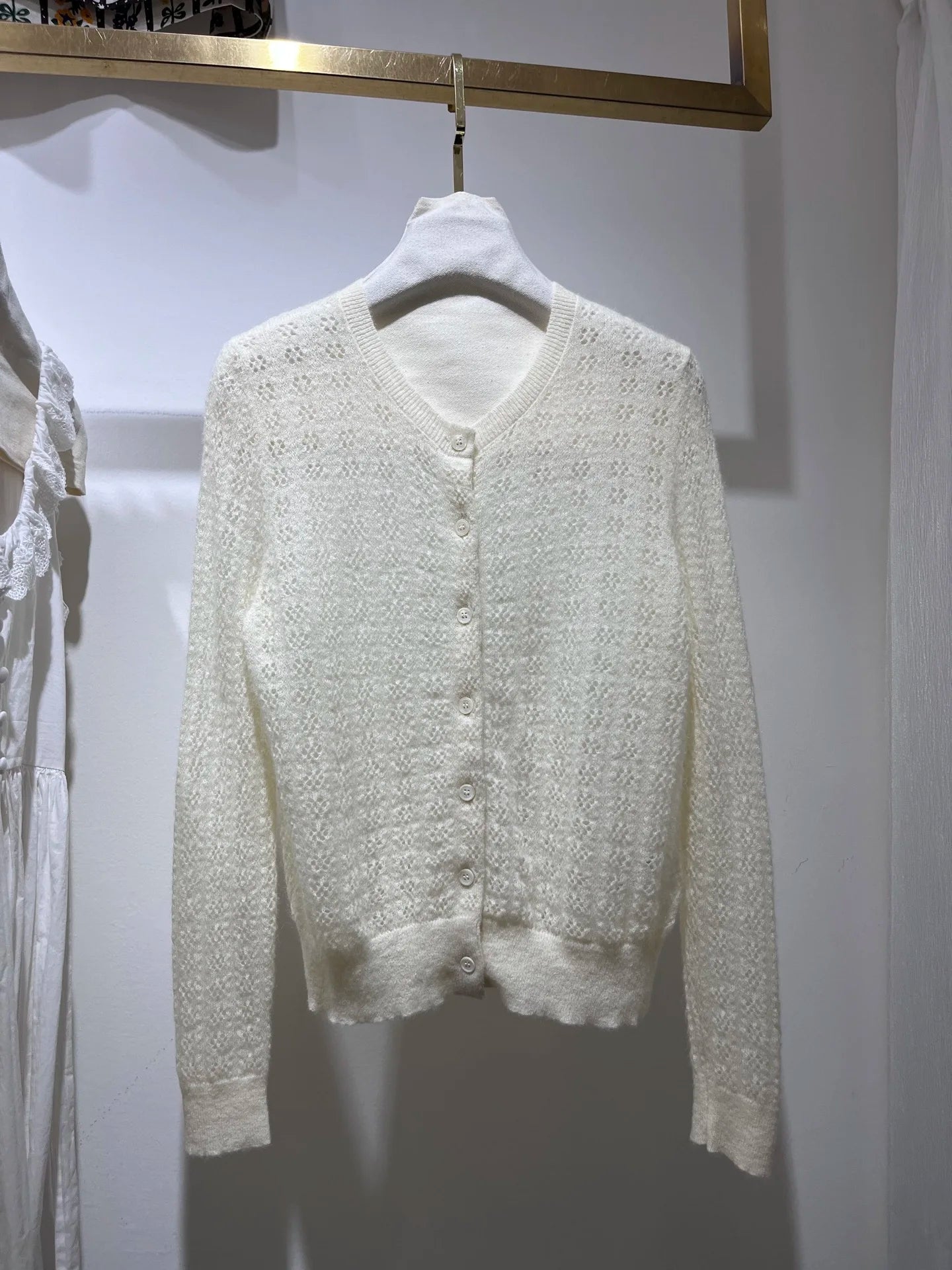 Women Hollow Out Long Sleeve Single Breasted Knitted Cardigan or Round Neck Short Sleeve Pullover