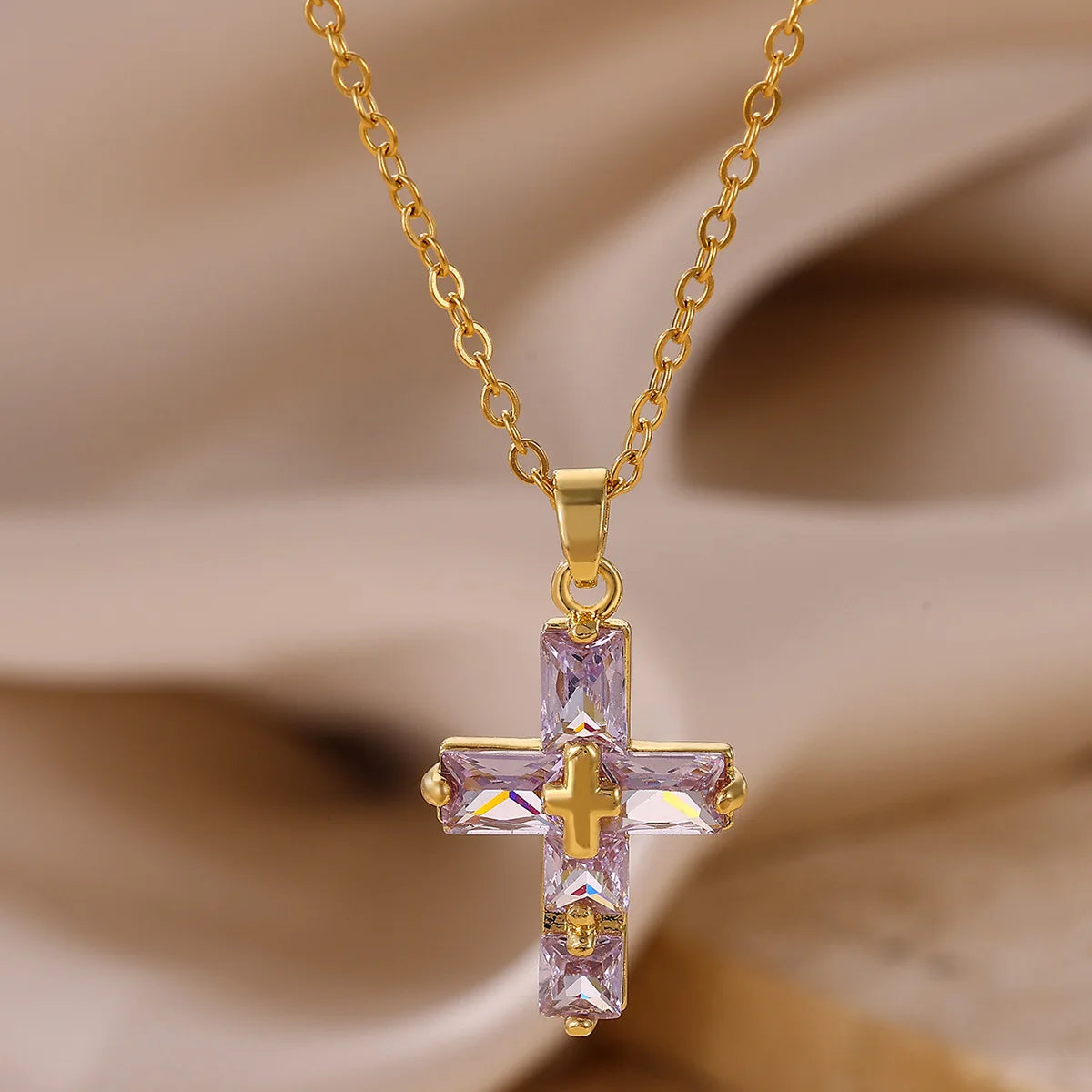 Lucky Cross CZ Cubic Zircon Necklace For Women Gold Color Stainless Steel Waterproof And Tarnish Resistant Jewelry Ramadan Gift