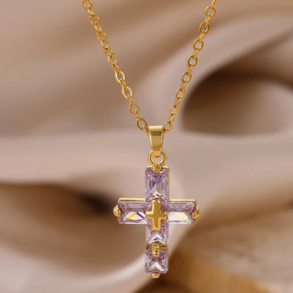 Lucky Cross CZ Cubic Zircon Necklace For Women Gold Color Stainless Steel Waterproof And Tarnish Resistant Jewelry Ramadan Gift