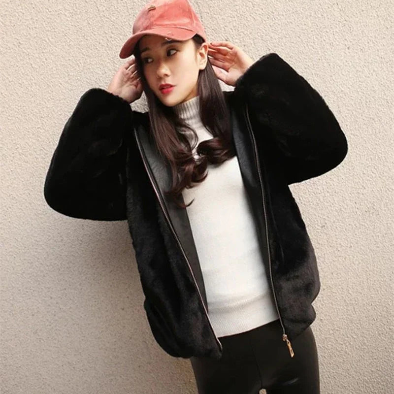Lucyever High Quality Faux Rabbit Fur Hooded Coat Women Black Luxury Faux Fur Jacket Female Winter Zip Thick Warm Furry Coats